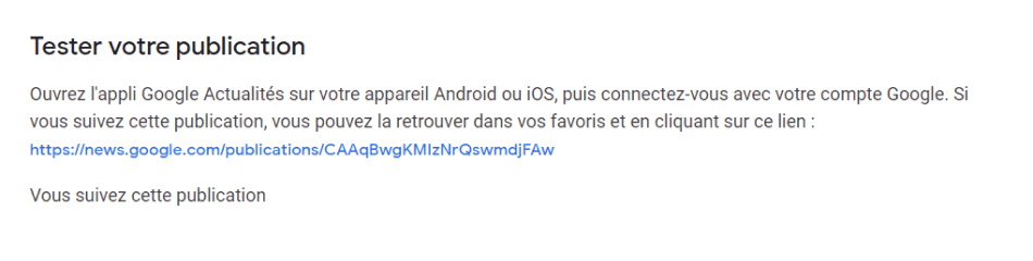Screenshot test publication in Publisher Center for Google News