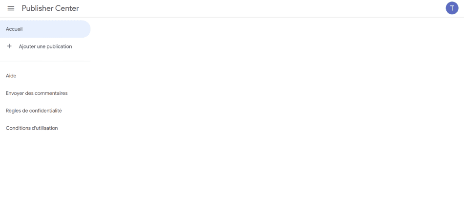 Screenshot of the basic empty Publisher Center interface for Google News