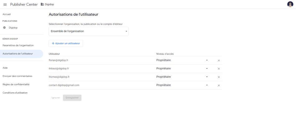 Screenshot of user access management in Publisher Center for Google News
