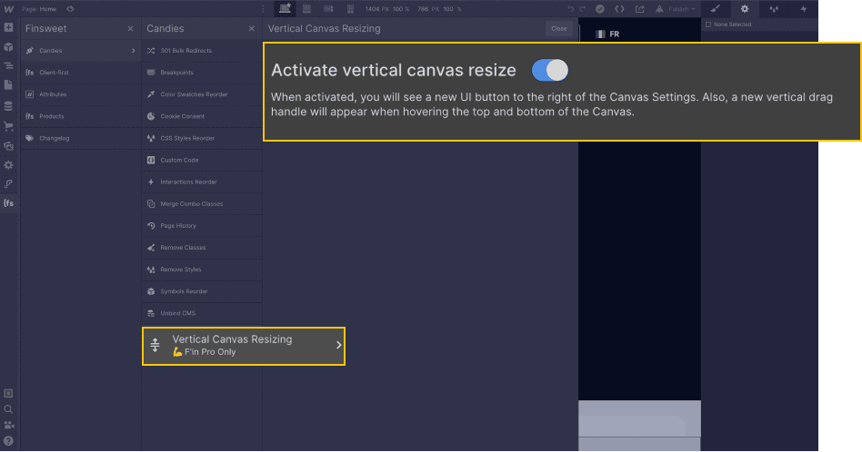Vertical canvas resizing" feature Finsweet Extension Webflow