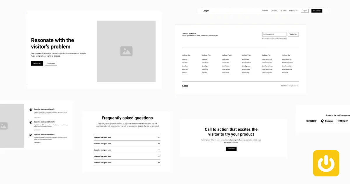 several black and white UX website sections with yellow power icon digidop