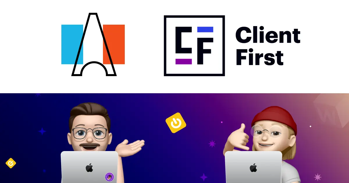 Client-First logo with the flag of France and the memoji of Thibaut and Florian from Digidop