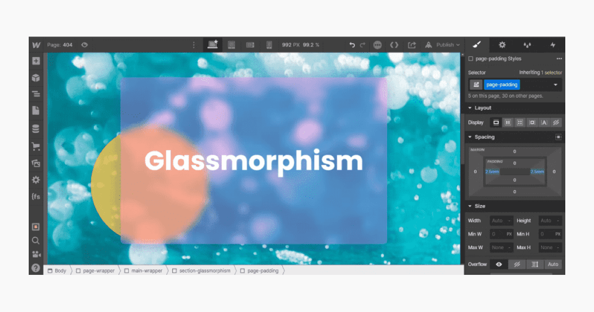 Exemple d'effet glassmorphism bleu sur l'interface de design webflow