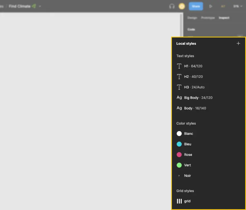 Image of the CSS style features in Figma