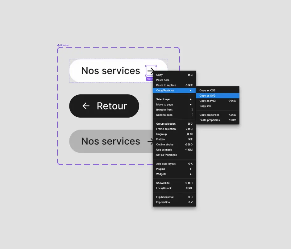 button image in figma with a highlight of the icon svg export feature