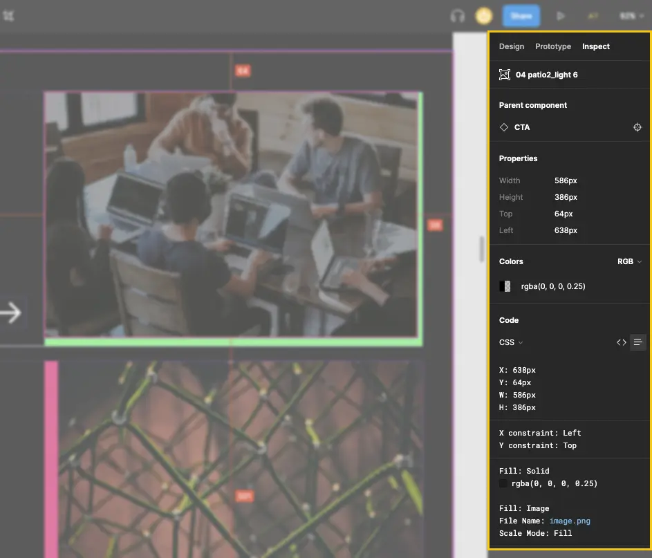 Image of the inspect mode in figma