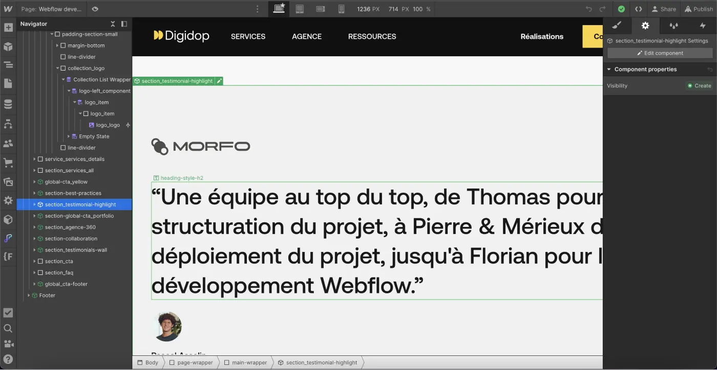 Preview of a page with several components in the navigator