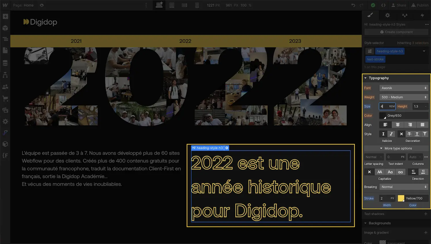 Webflow interface that shows how to add a stroke and a color to a text