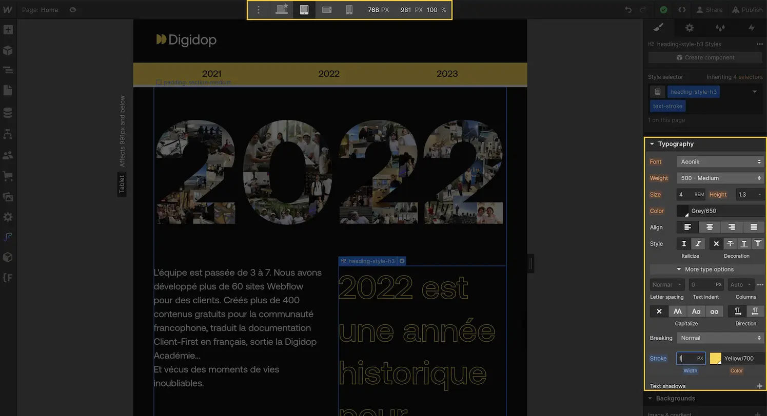 Webflow interface that shows how to add a stroke and a color to a text on a responsive tablet.