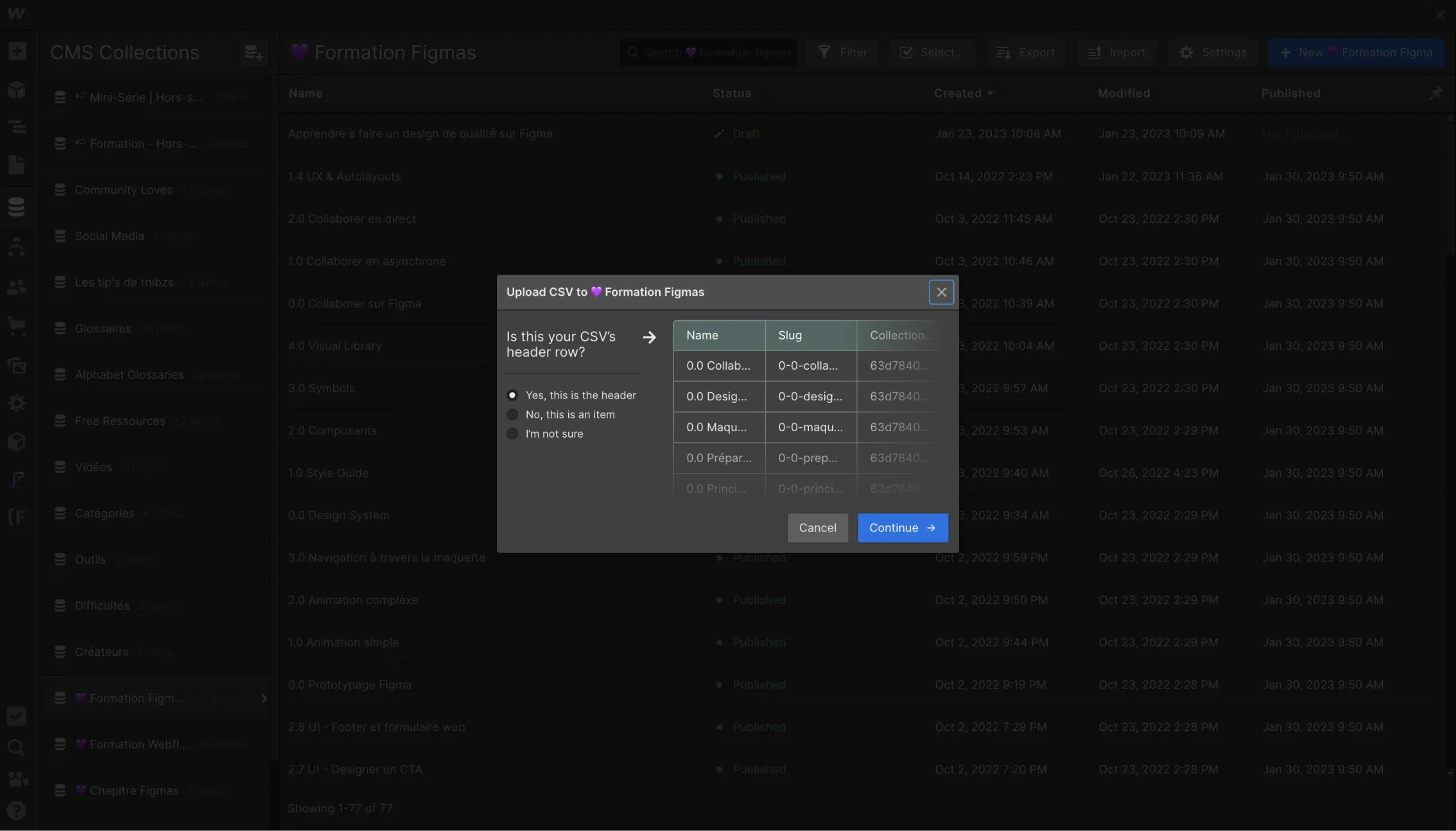 Spécifier une ligne d'en-tête lors d'un import CSV sur CMS Webflow