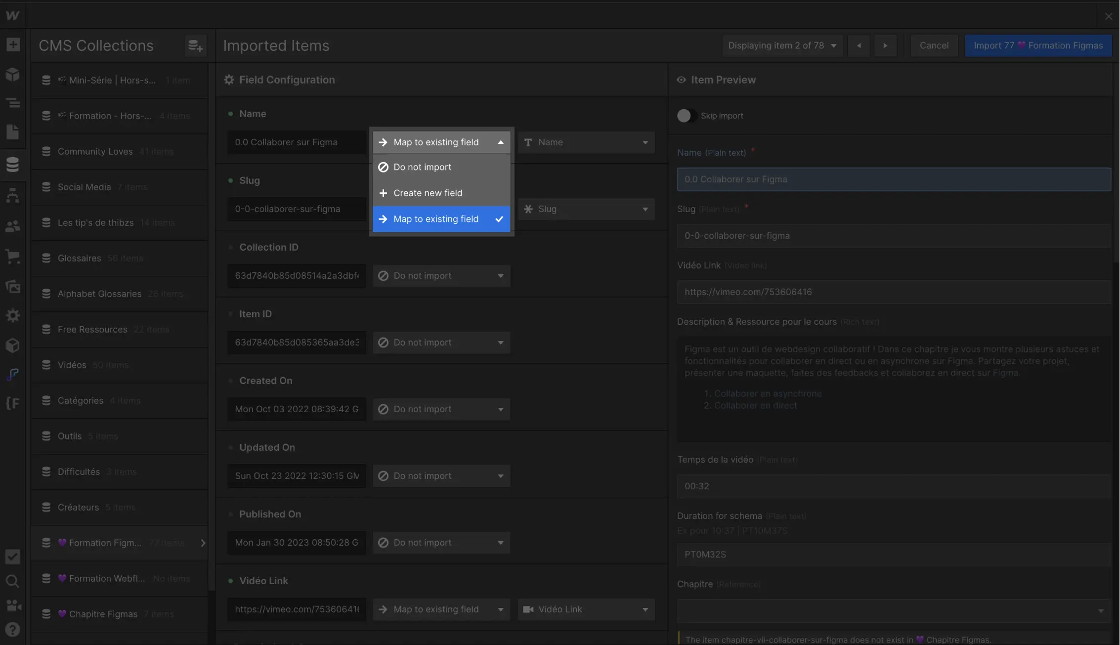 Différentes options d'import lors d'un import CSV dans le CMS Webflow