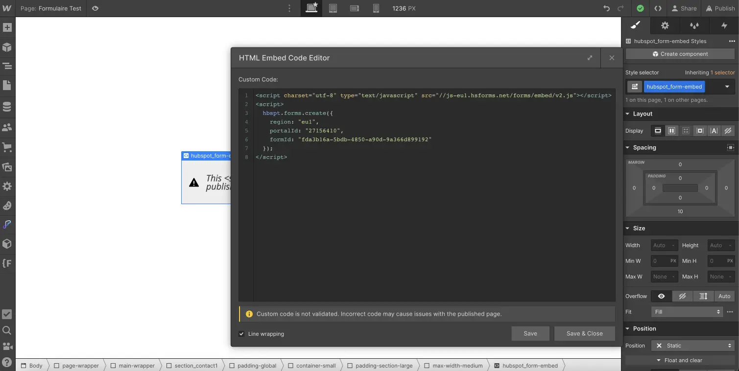 Hubspot embed code in Embed Webflow