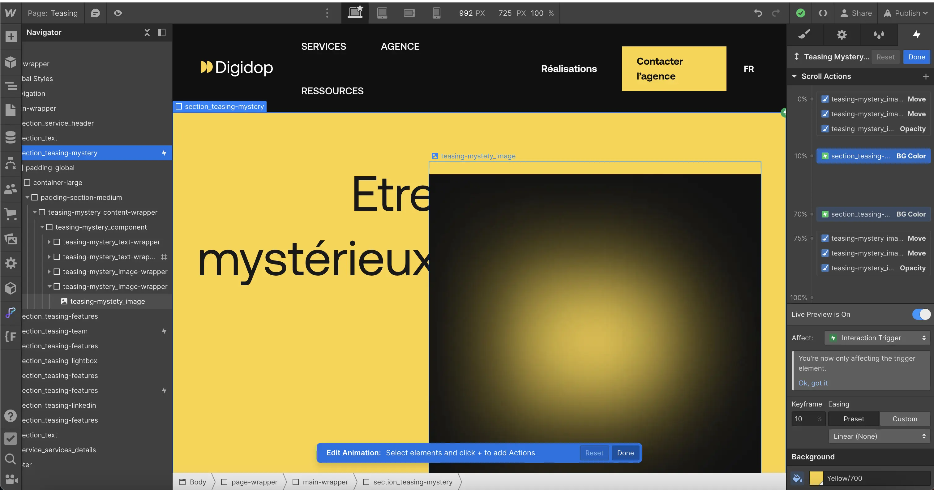 Creating and editing a trigger animation - javascript on Webflow