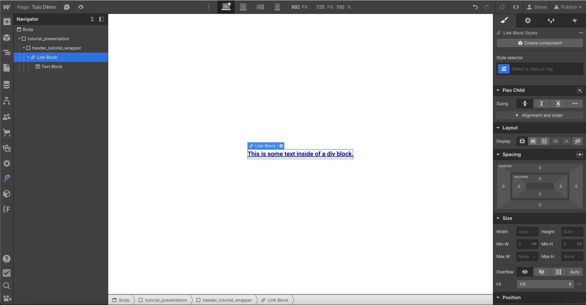 Creating a button on Webflow with a link block + a text block inside it