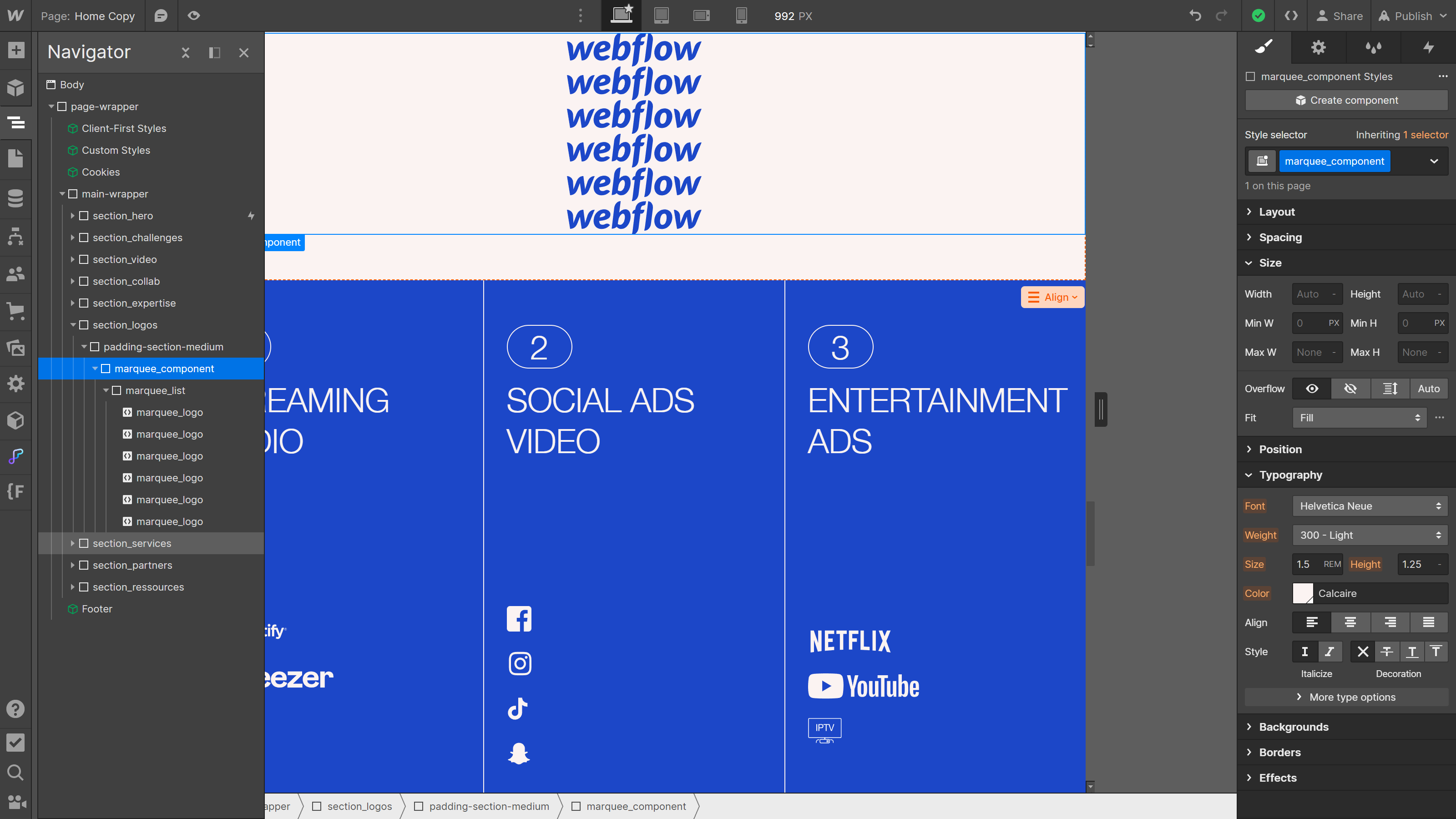 Webflow, structure d'animation marquee