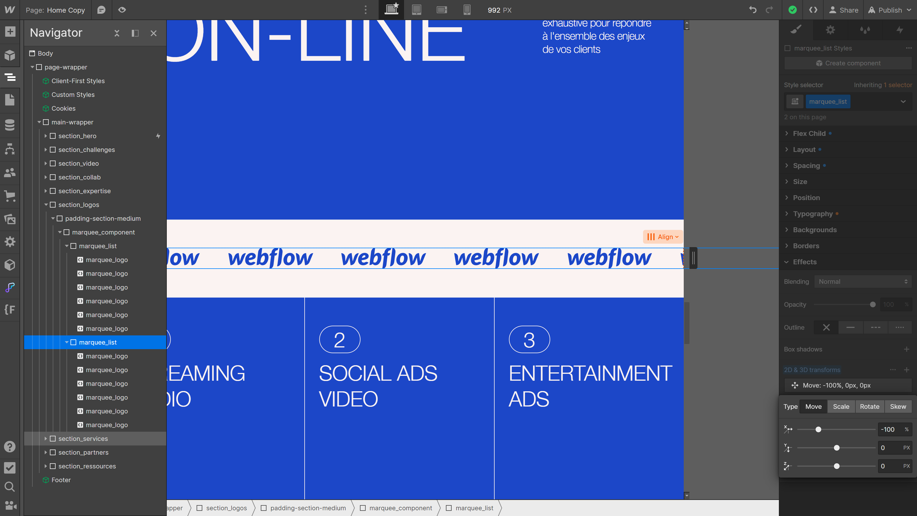 Webflow, listes dupliquées d'animation marquee