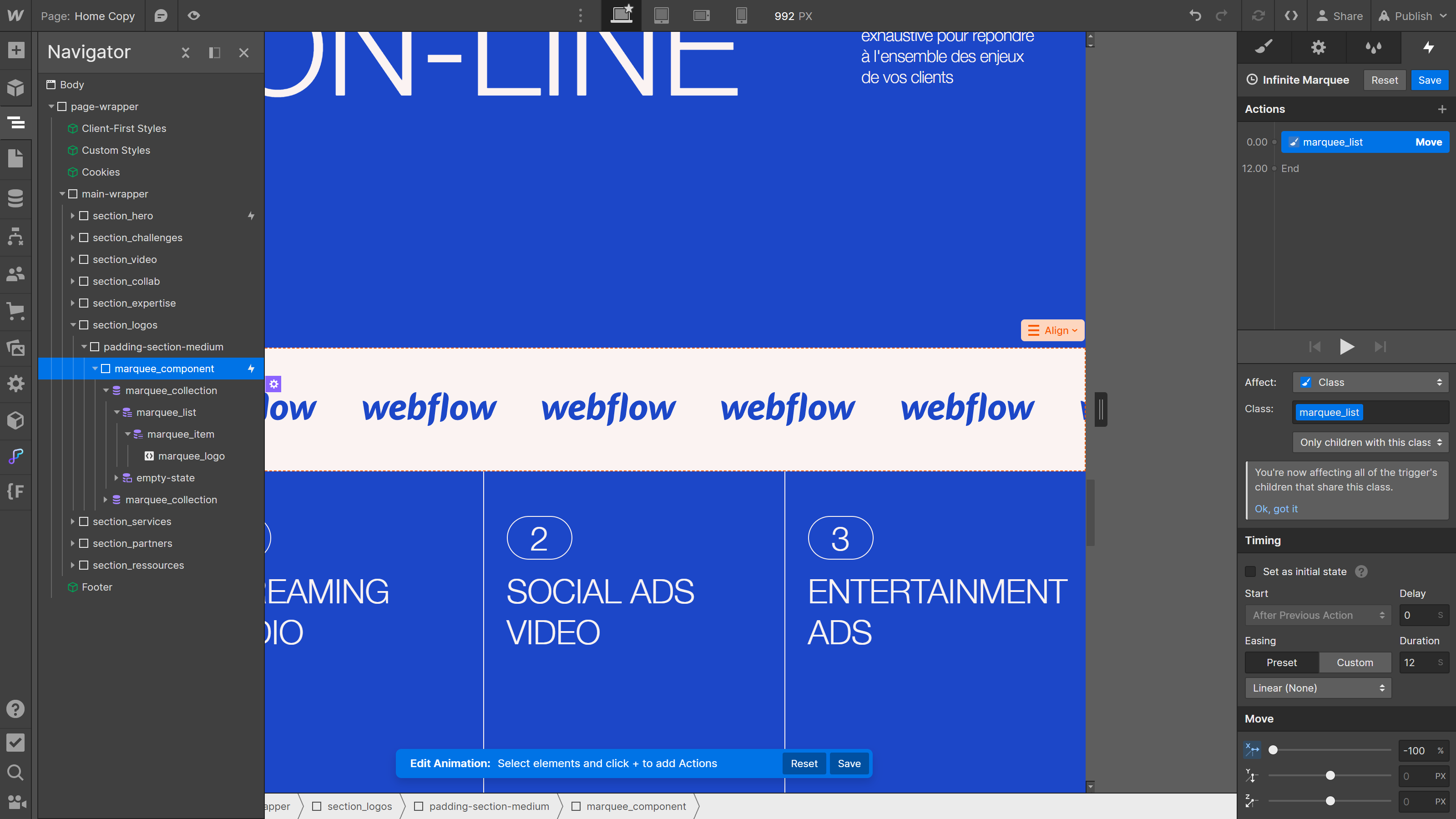 Webflow, interaction d'animation marquee