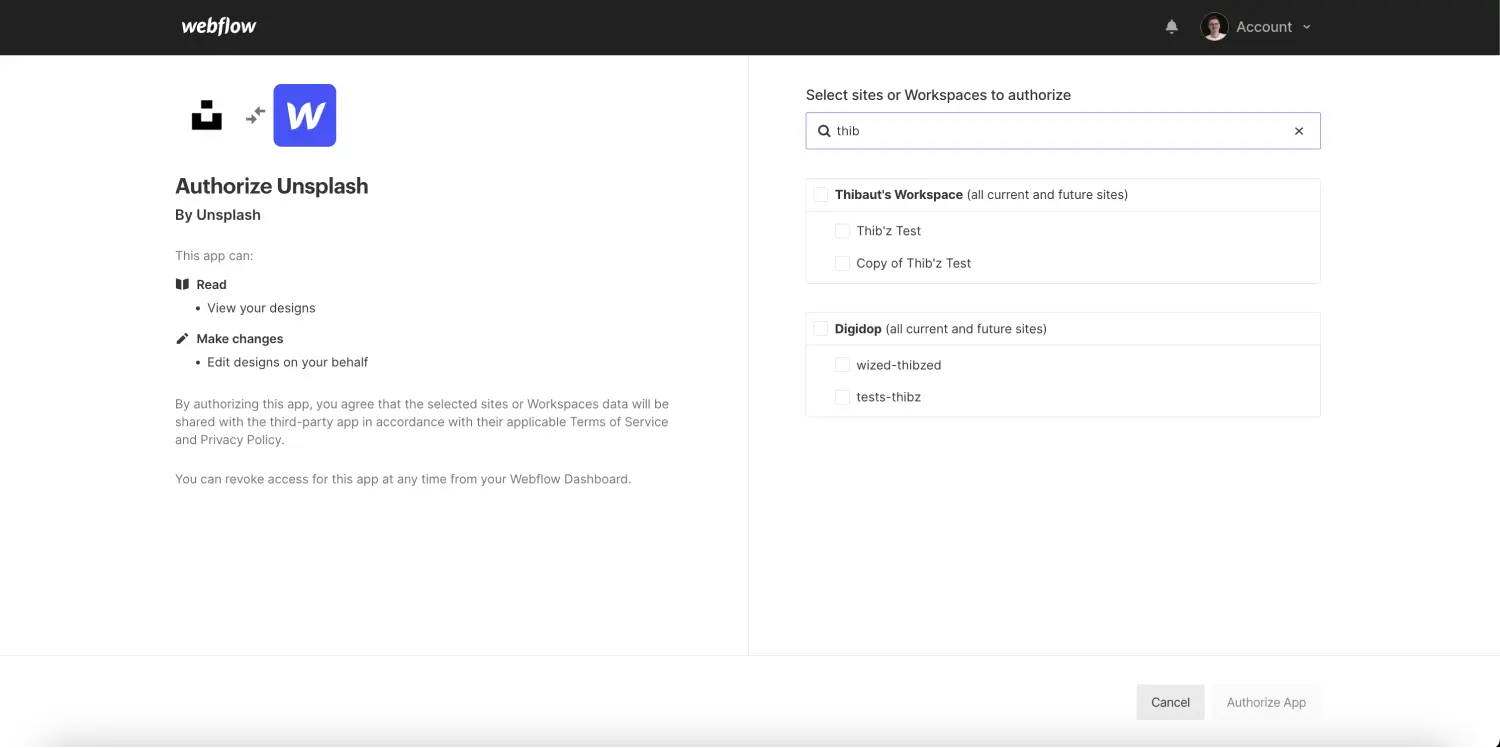 Authorize the use of an unsplash app on a webflow project