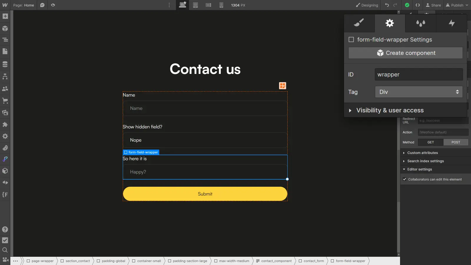 Webflow, champ caché de formulaire