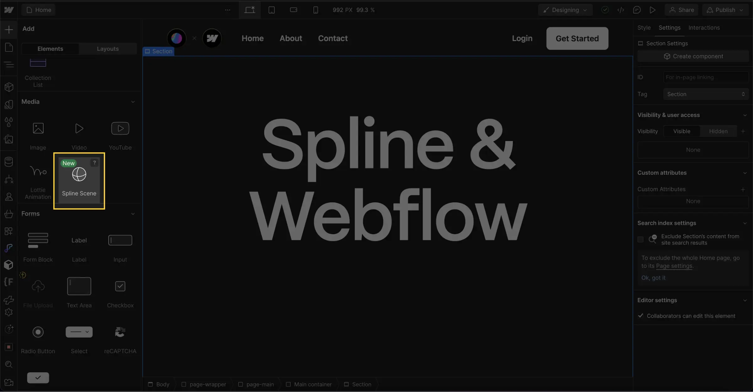 Nouvel élément d'intégration Spline sur Webflow