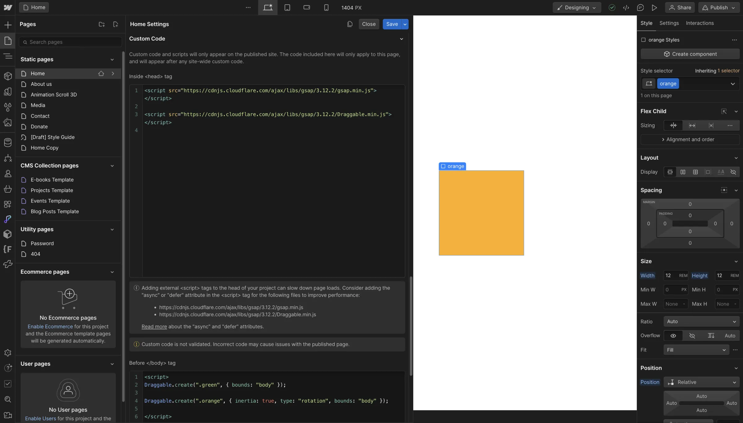 Intégration de custom code GSAP sur un projet Webflow