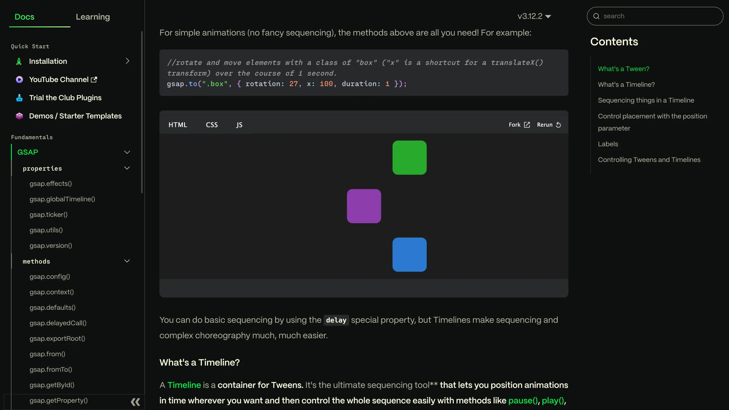 Exemple de page de Documentation pédagogique de GSAP