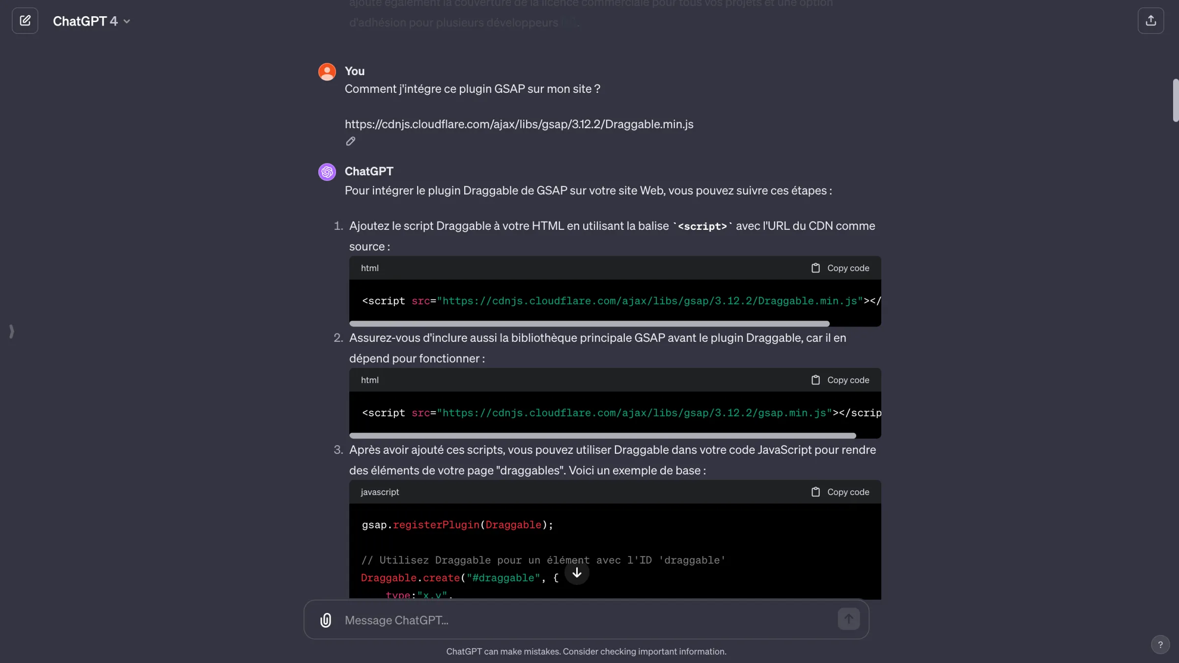 Utilisation de Chat-GPT pour m'aider dans une intégration GSAP sur un site Web