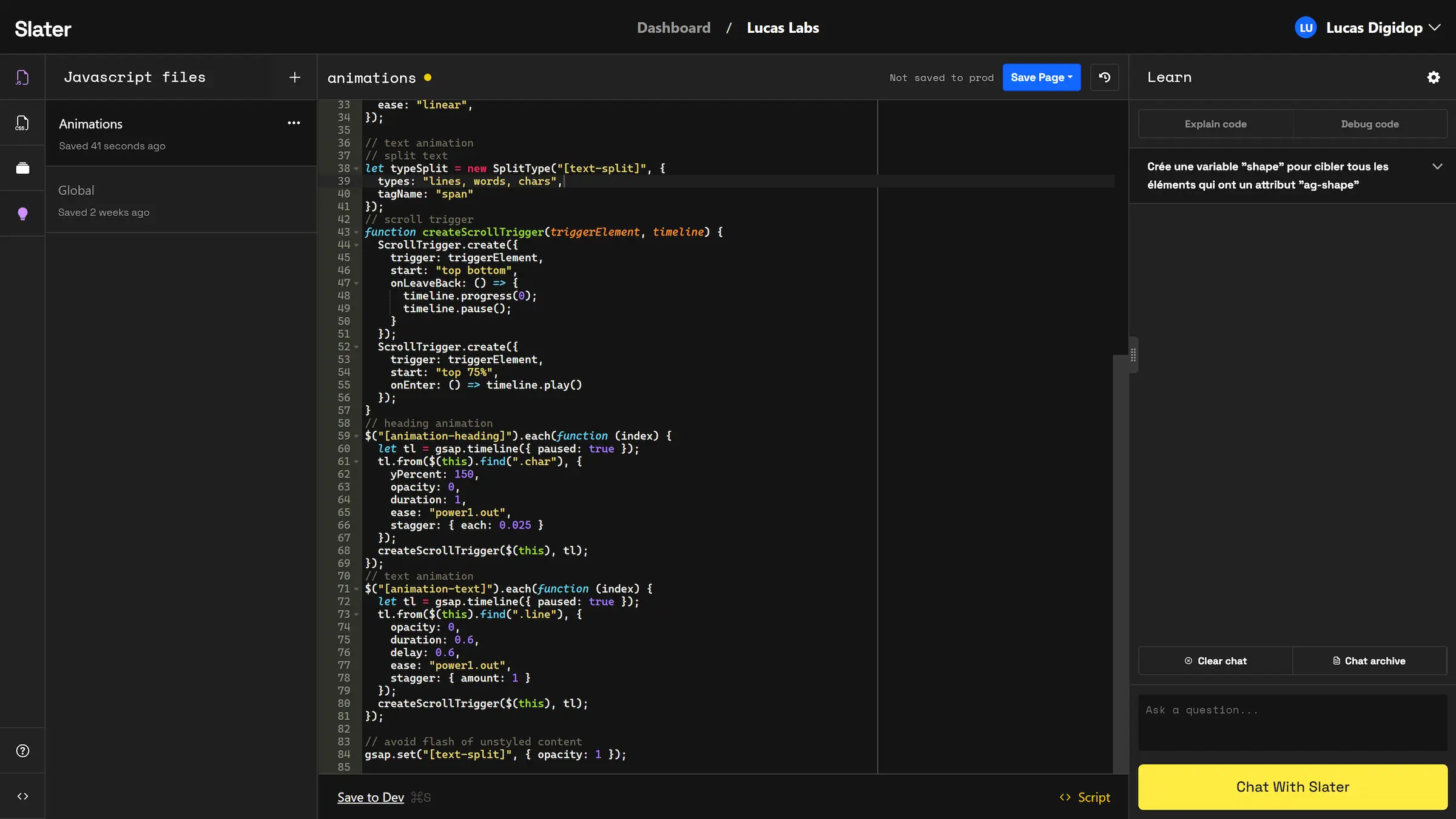 Capture d'écran de présentation d'utilisation de Slater pour créer une animation GSAP sur Webflow