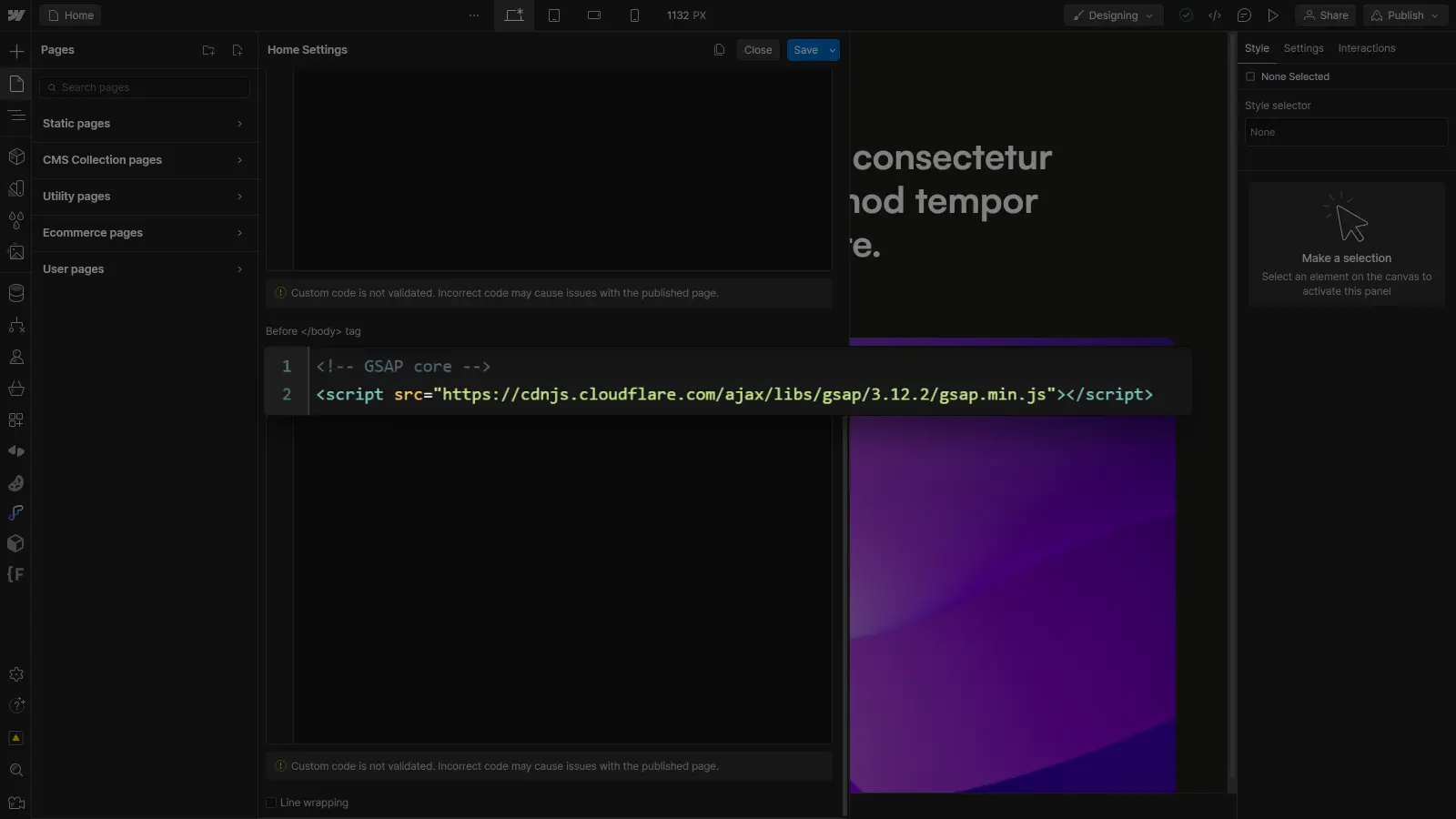 Webflow, GSAP library import