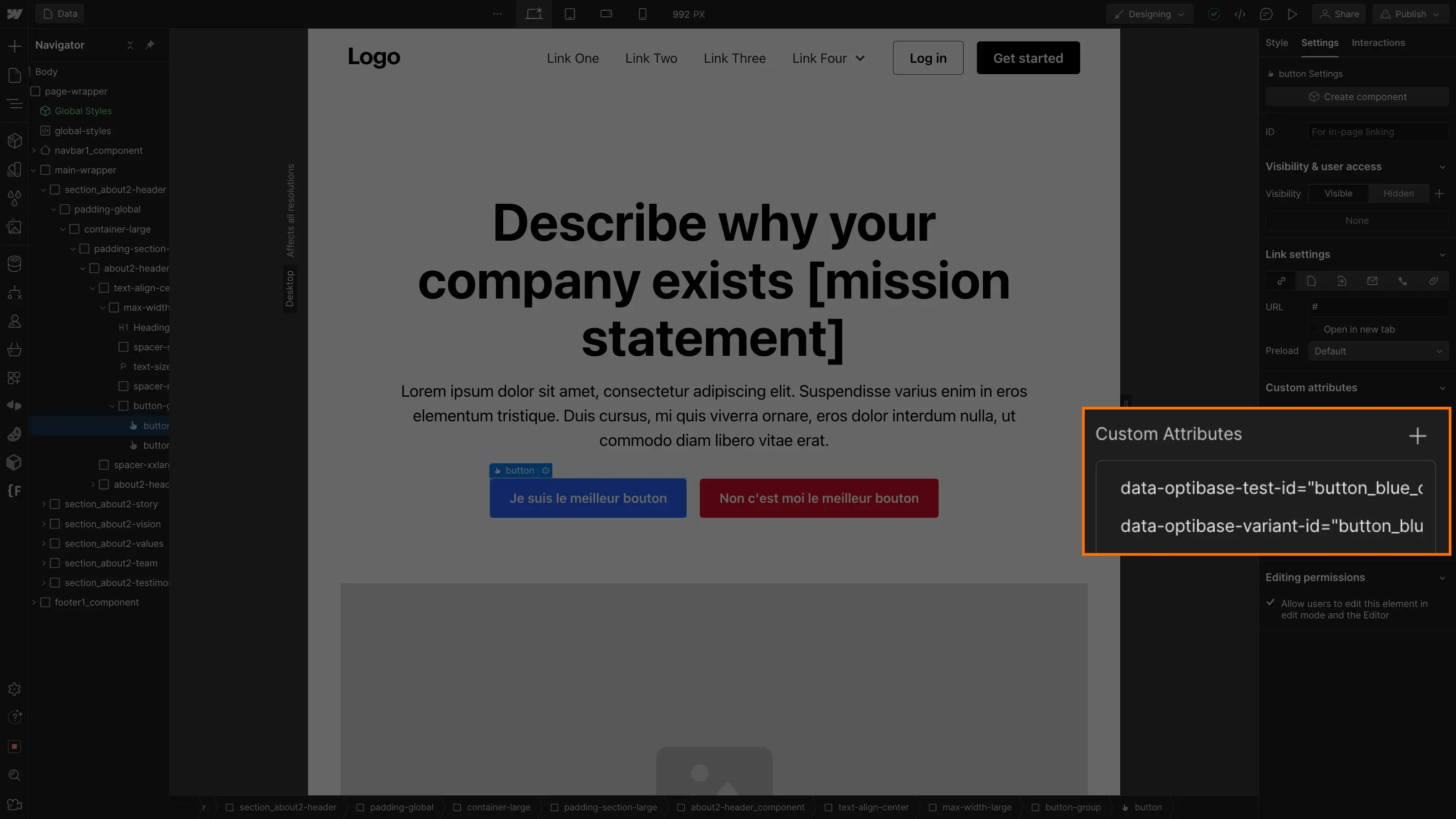 Attributs optibase sur bouton pour a/b test webflow