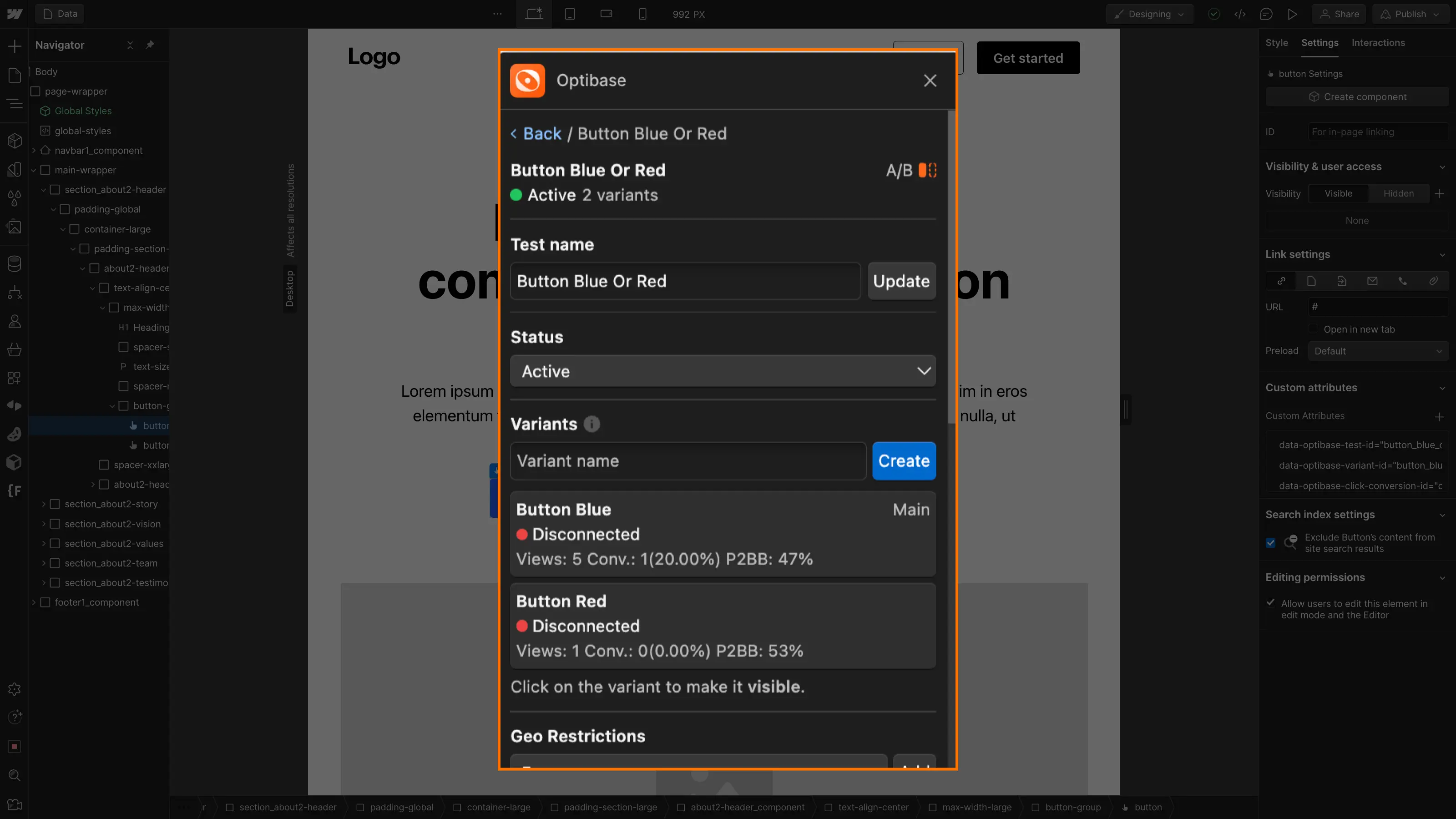 Publication A/B Test optibase avec Webflow