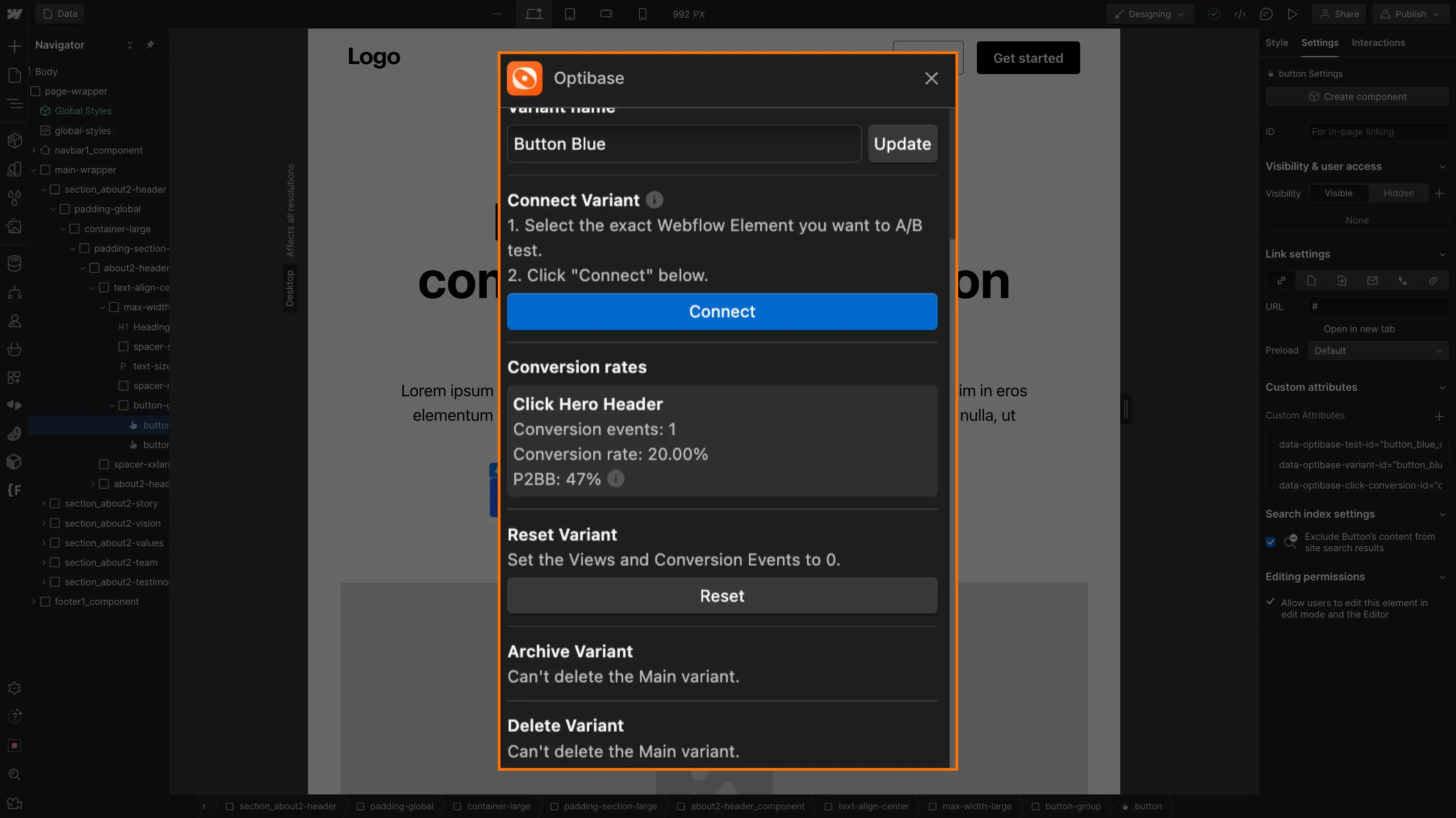 Tracking conversion rates of a/b test webflow buttons