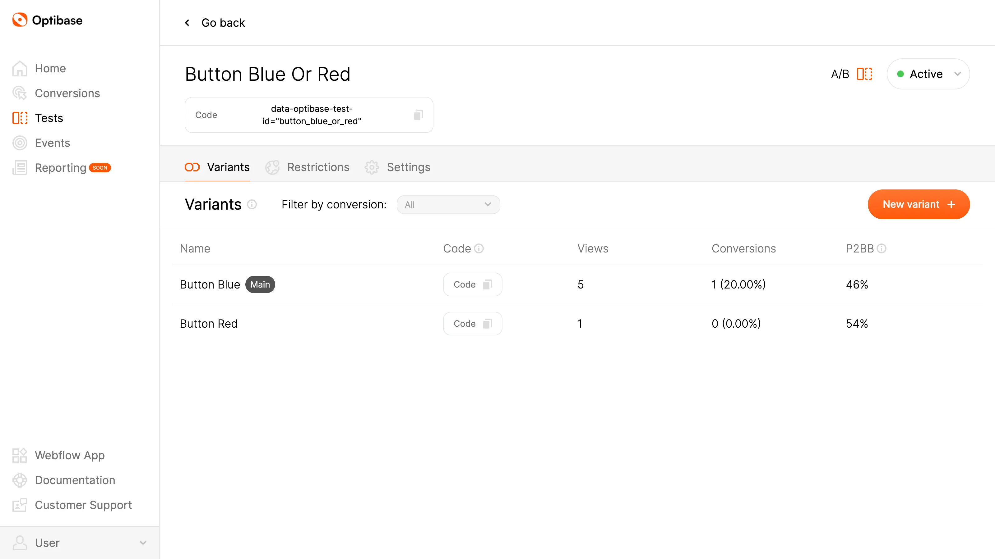 Web App Optibase avec statistiques en temps réel de l'A/B Test Webflow