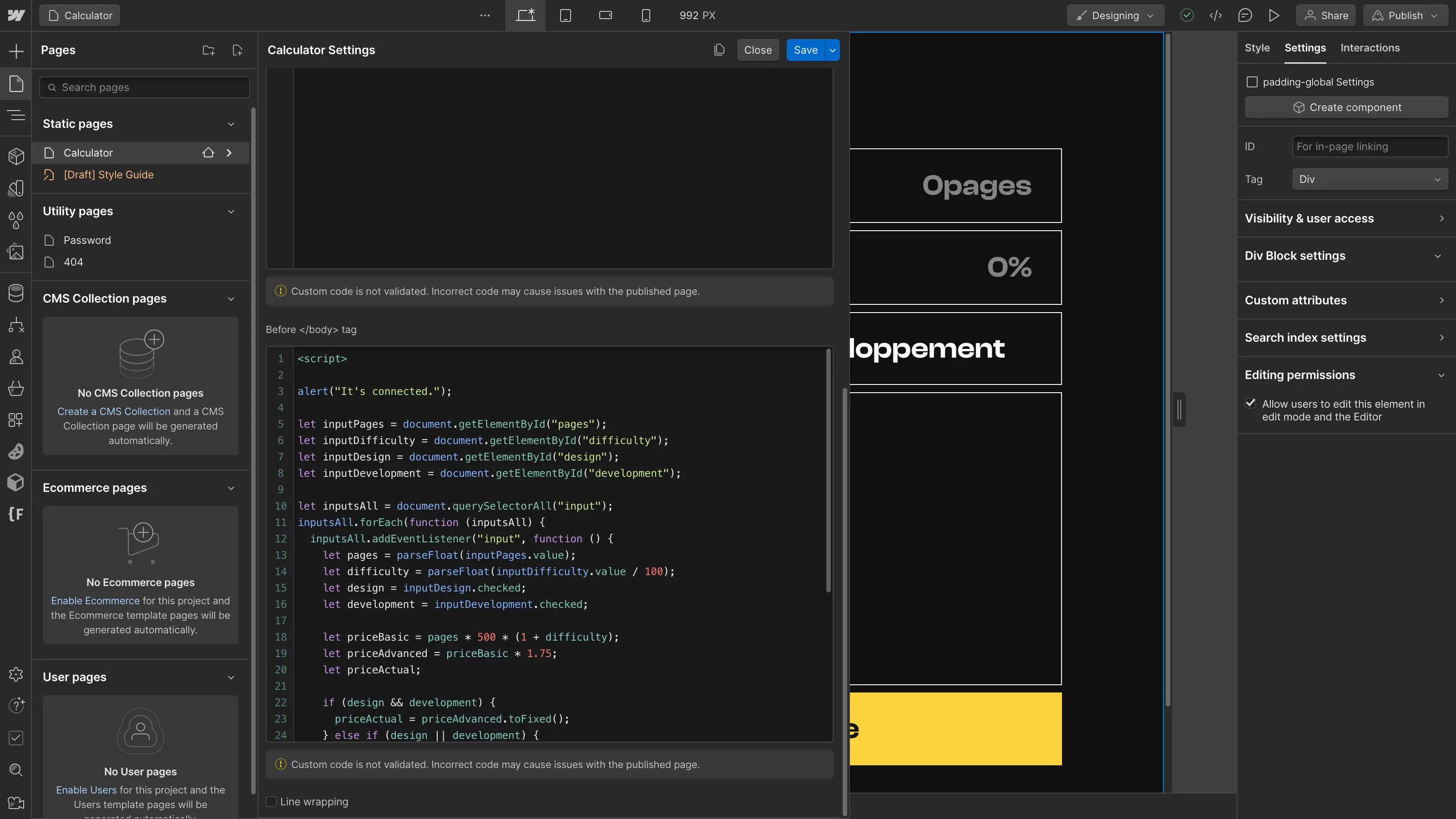 Calculateur javascript, code personnalisé Webflow