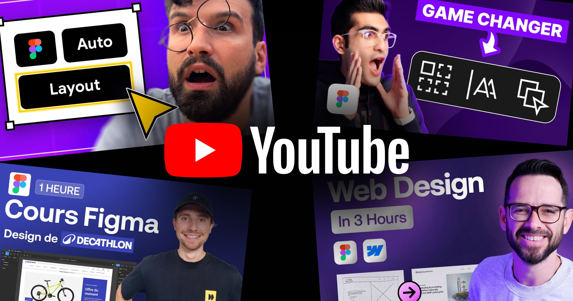 Plusieurs thumbnails de chaînes youtube sur figma et le webdesign avec un logo youtube