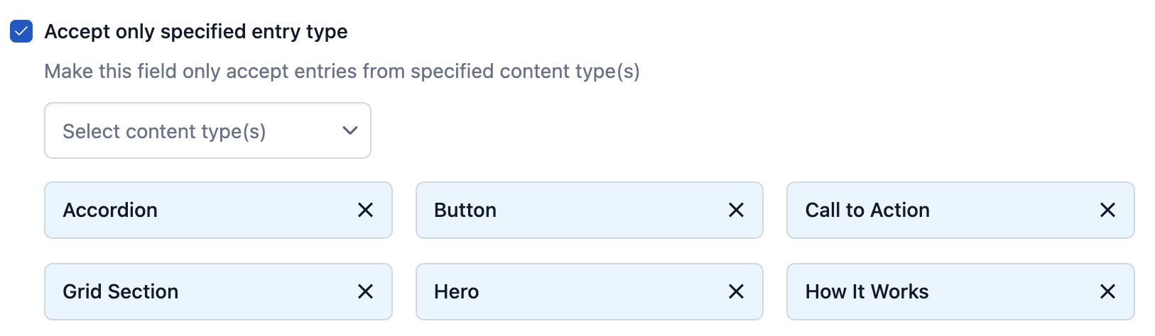 screenshot of specified entry type selections in contentful