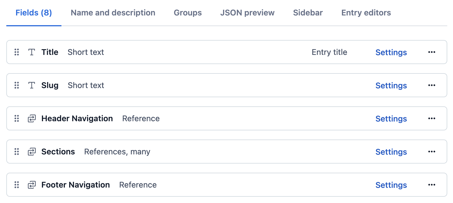 screenshot of fields panel in contentful