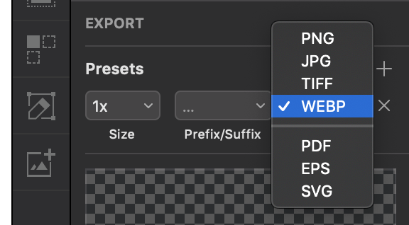 /></p><p><strong>Sketch</strong></p><p>If you’re a masochist and want to export images manually then Sketch is your best bet as it is equipped to export WebP by default. It can be done in <a href=
