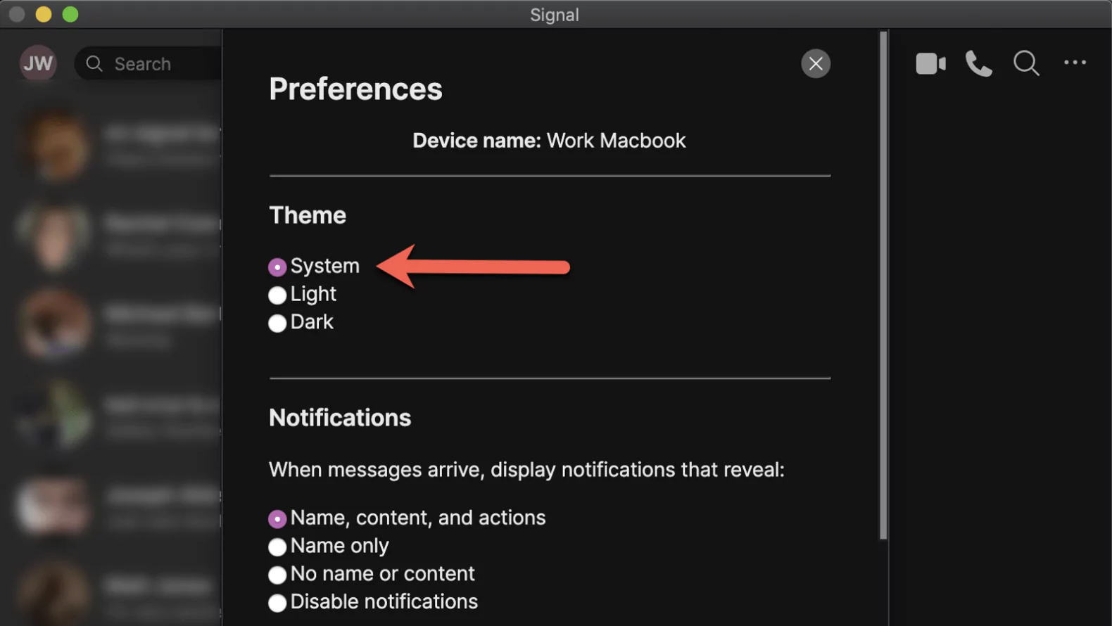 Signal Preferences System Light And Dark Modes