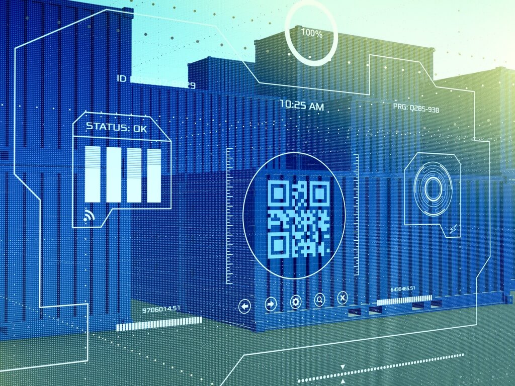 Concept of futuristic logistics. Shipping containers overlaid with a graph.