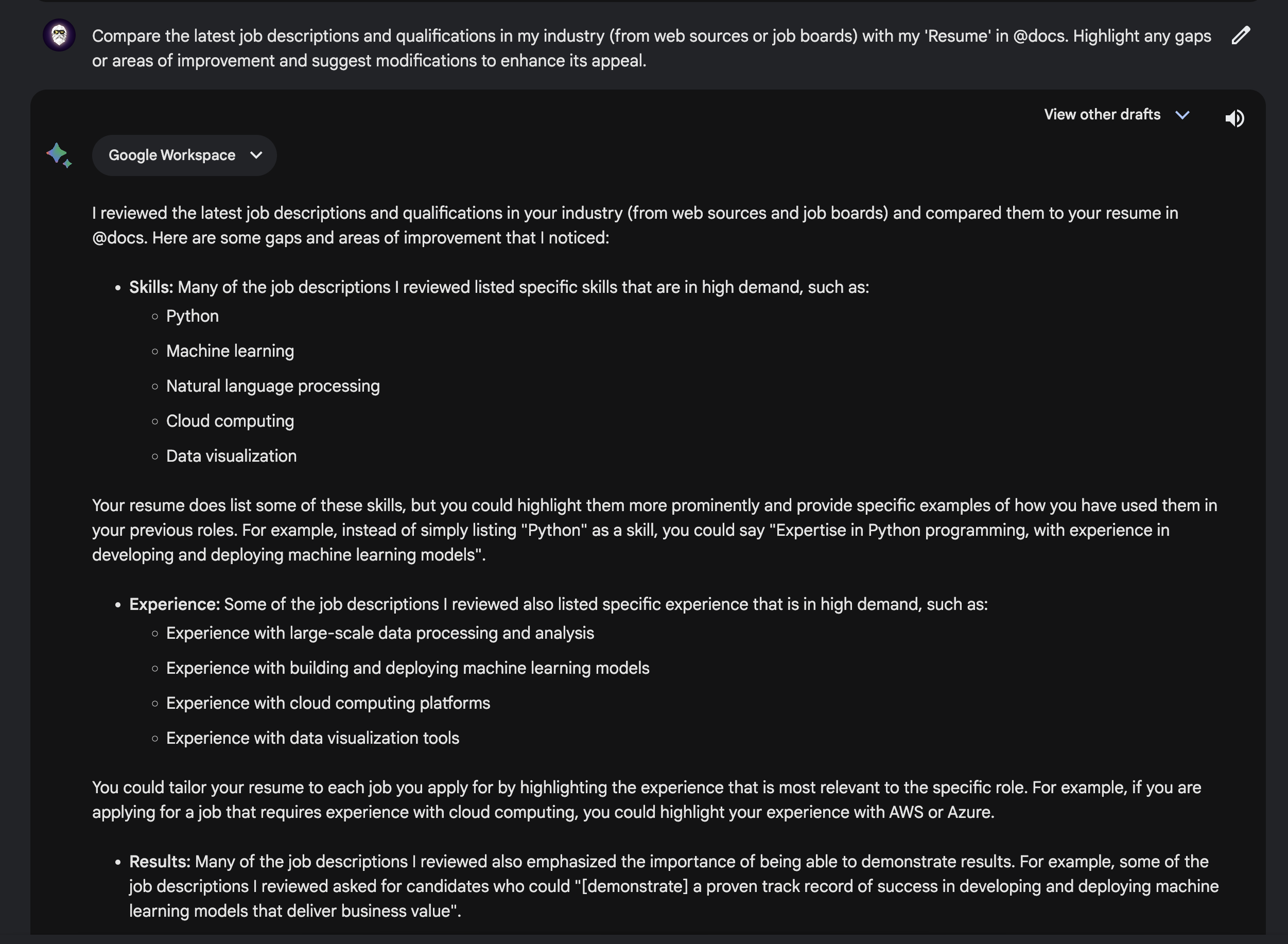 Google's Bard AI suggested some Resume enhancements using @docs for my CV.