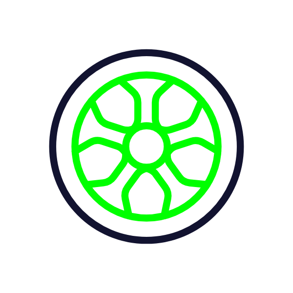 A tire outline with bright green wheel