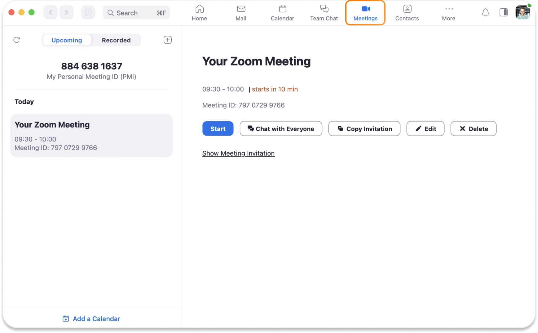 Zoom App - Meetings tab