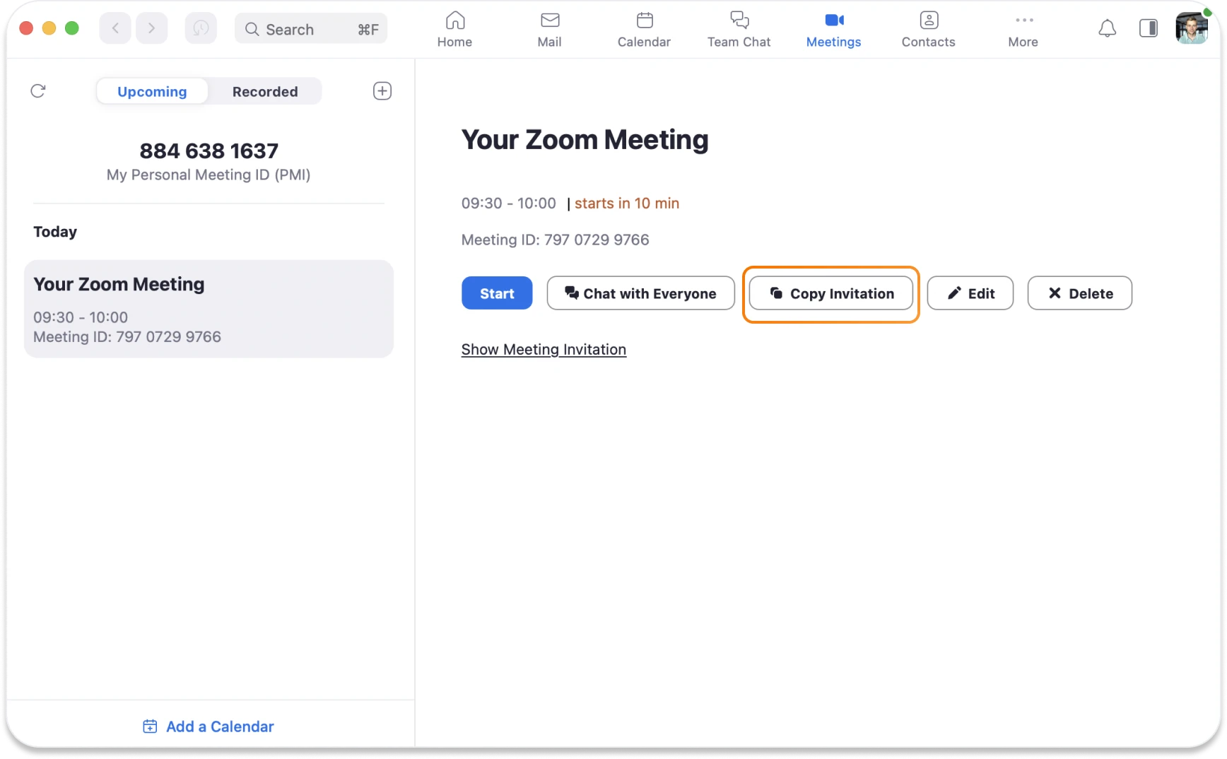 Zoom App - Copy invitation