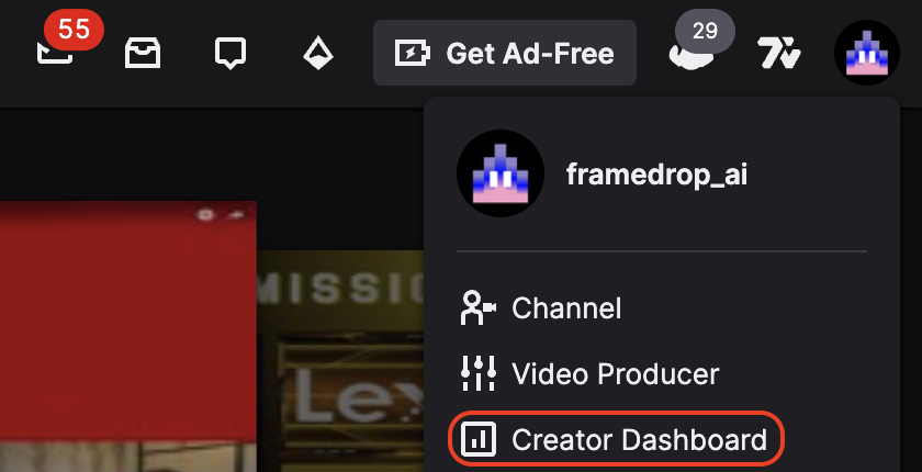 Screenshot showing highlighting where Creator Dashboard is placed on Twitch