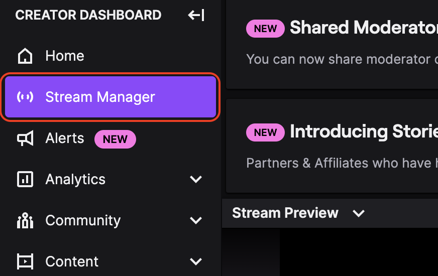 Screenshot of Twitch's Creator Dashboard highlighting the Stream Manager's placement to the left of Twitch's Creator Dashboard