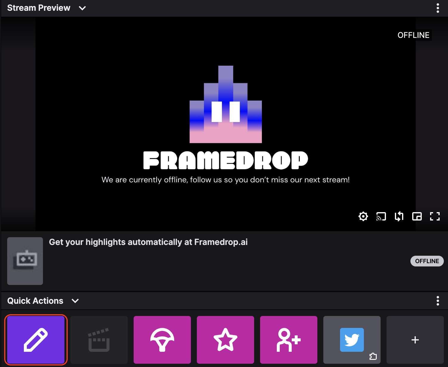 Screenshot of Twitch's Creator Dashboard highlighting the pencil icon under Quick Actions