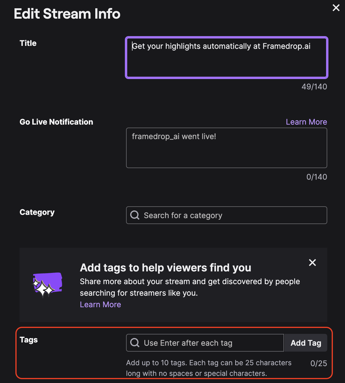 Screenshot of Twitch's Edit Stream Info pop-up screen highlighting the Tags option