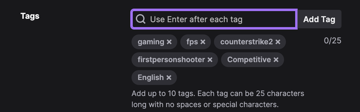 Screenshot of the Tags option on Twitch with already some chosen tags inserted like gaming, fps, counterstrike2, firstpersonshooter, Competitive and English