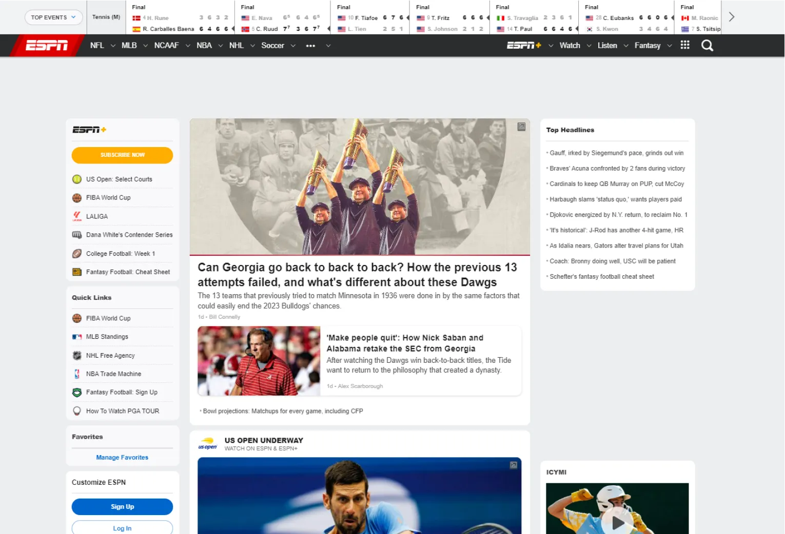 Screenshot of ESPN Website Header